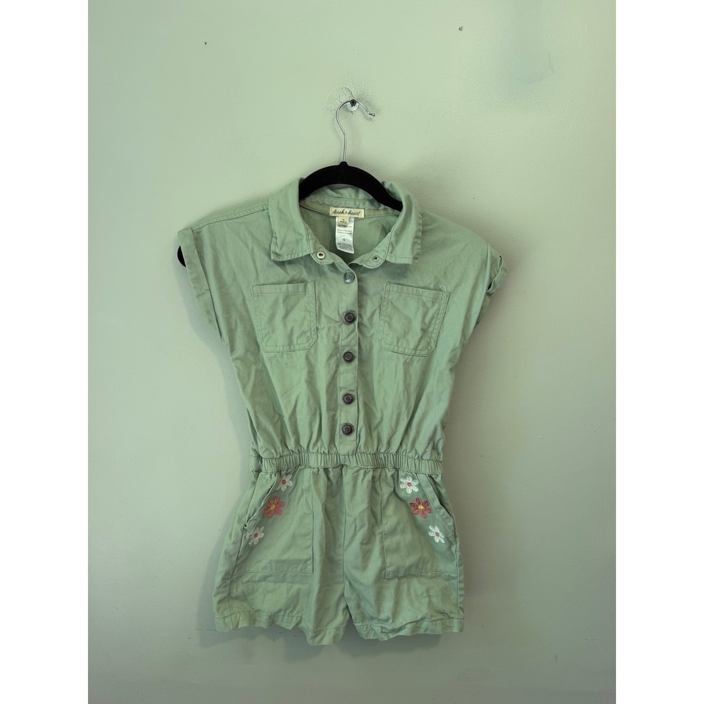 Derek Heart Girls Sage Green Embroidered Floral Utility Romper Size 12